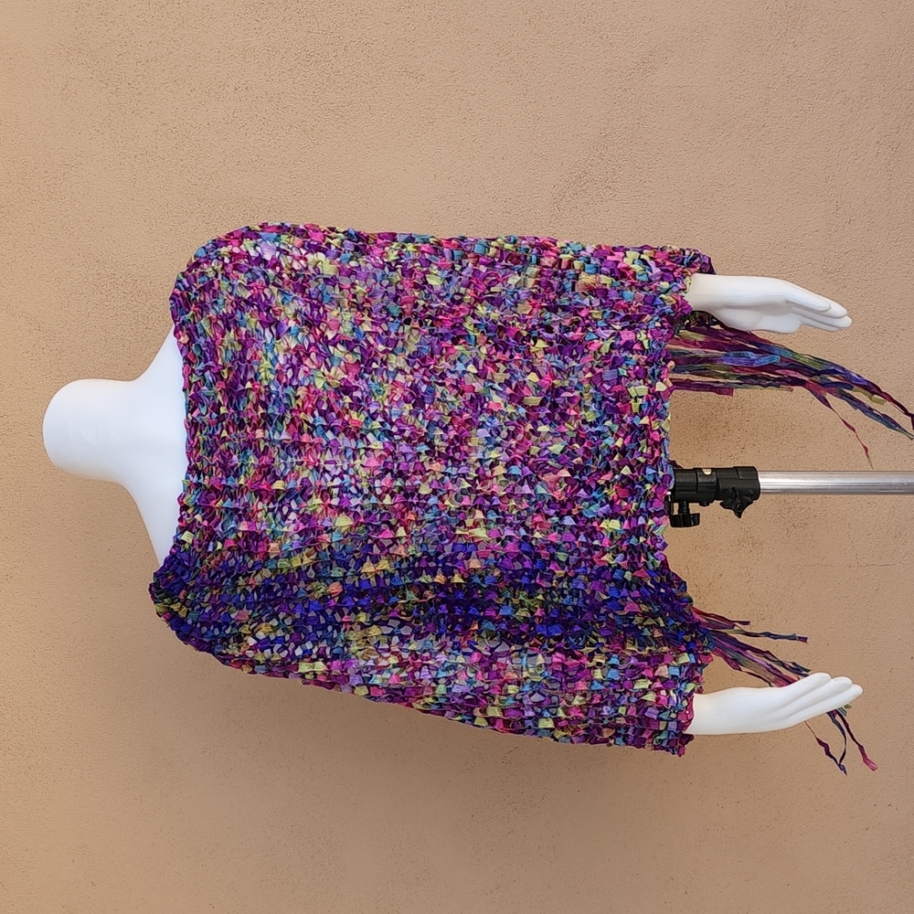 VINTAGE HANDMADE Ribbon Weave Woven Shawl Cocoon Poncho Top Ombre Purple Y2K - Picture 9 of 16